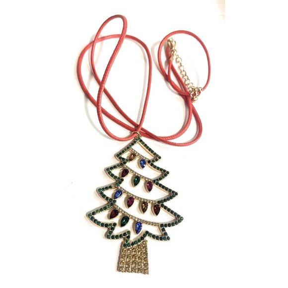 Christmas Tree Holiday Necklace on 26" Black Cord, Lobster Clasp 3" Extension - Picture 1 of 5